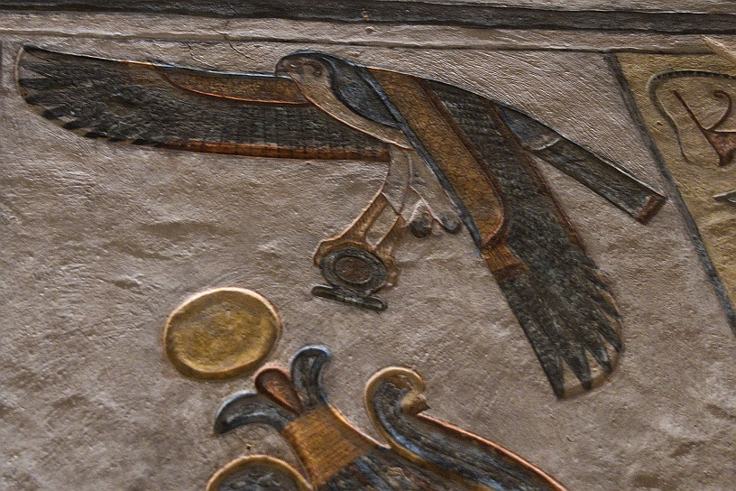 15 MAK_5954.jpg - Un falco, spesso associato al dio Horus, che rappresenta la regalità e la protezione divina che tiene tra gli artigli il simbolo shen "anello di potere" l'amuleto che proteggeva dalle forze negative le persone vive e, nel loro periglioso viaggio nell'aldilà verso la rinascita e la vita eterna, i defunti.